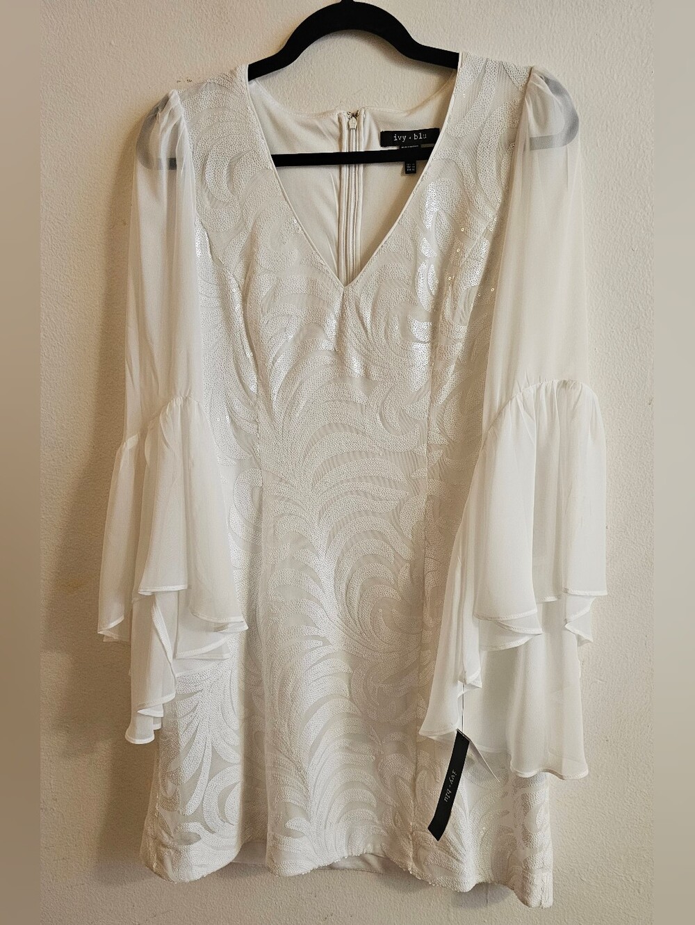 Ivy + Blu - White V-Neck Sequin Dress w/ Chiffon Sleeves